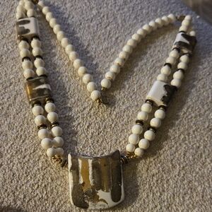 Chic White and Brown Beaded Necklace
